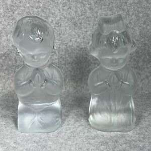 VTG Viking Glass Hand Made Praying Boy Girl 6" Frosted Crystal Bookends Figurine